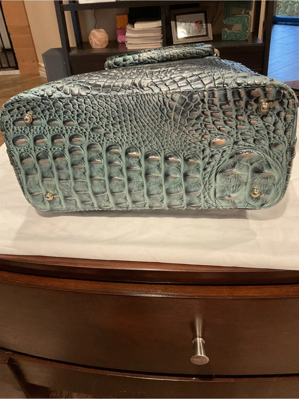 Brahmin Duxbury Teal Croc-Embossed Leather Satchel with Detachable Strap